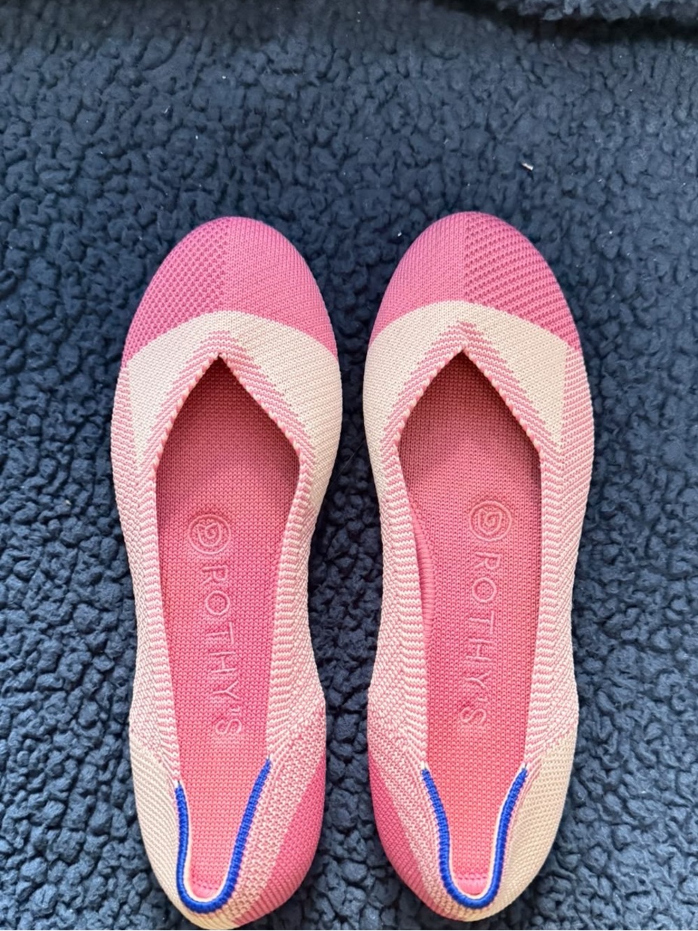 Rothy's Two-Tone Pink Knit Ballet Flats with Blue Heel Accent